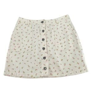 Button front white mini jeans skirt with tiny pink roses size medium